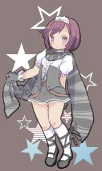 Rule 34 | 1girl, alternate costume, bad id, bad pixiv id, belt, black gloves, blush, breasts, closed mouth, commentary request, corset, gloves, highres, kobayakawa kou, looking at viewer, maid headdress, nel zelpher, purple eyes, red hair, scarf, shirt, short hair, short sleeves, skirt, socks, solo, star ocean, star ocean till the end of time, thighhighs