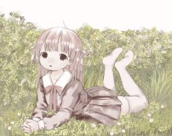 Rule 34 | 1girl, black dress, dress, flower, grass, grey hair, grey ribbon, hair ribbon, leaf, legs up, long hair, looking at viewer, lying, on stomach, original, own hands together, parted lips, plant, pleated dress, red ribbon, ribbon, shiromomo sofuto, soles, solo, the pose, thighhighs, white flower, white thighhighs