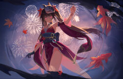 Rule 34 | 1girl, absurdres, bow, brown hair, closed mouth, detached sleeves, dress, feet out of frame, fireworks, floating hair, fox mask, hair bow, highres, holding fireworks, honkai: star rail, honkai (series), legs together, looking at viewer, mask, mask on head, obi, otowa, pelvic curtain, pink eyes, red bow, red dress, red sleeves, ripples, sash, short dress, short sleeves, sleeveless, sleeveless dress, smile, solo, sparkle (honkai: star rail), sparkler, thighs, twintails, wide sleeves