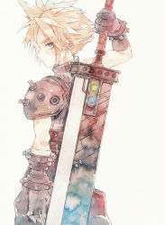 Rule 34 | 1boy, armor, bad id, bad pixiv id, blonde hair, buster sword, closed mouth, cloud strife, commentary, earrings, final fantasy, final fantasy vii, from behind, gloves, grey eyes, highres, holding, holding sword, holding weapon, jewelry, looking at viewer, looking back, male focus, oharu-chan, painting (medium), simple background, solo, spiked hair, sword, symbol-only commentary, traditional media, watercolor (medium), weapon, white background