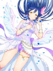 Rule 34 | 10s, 1girl, angel wings, blue hair, bobo (uccello), butterfly hair ornament, dress, hair ornament, headset, highres, jewelry, long hair, looking at viewer, love live!, love live! school idol festival, love live! school idol project, petals, smile, solo, sonoda umi, wings, yellow eyes