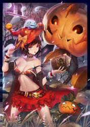 Rule 34 | 1girl, absurdres, bad id, bad pixiv id, bare shoulders, belt, book, bow, bracelet, breasts, brown hair, choker, cleavage, closed eyes, full moon, ghost, grass, halloween, hat, hat bow, highres, hxxg, jack-o&#039;-lantern, jewelry, leaf, midriff, moon, navel, night, open mouth, original, plant, pumpkin, purple eyes, short hair, skirt, solo, witch, witch hat, wrist cuffs