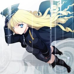 Rule 34 | 1girl, album cover, alice soft, blonde hair, blue eyes, cover, cross, daiteikoku, drill, drill hair, from above, gloves, hat, iron cross, long hair, military, military uniform, orion (orionproject), peaked cap, retia adolf, skirt, solo, thighhighs, uniform
