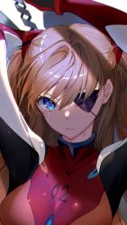 1girl, arms up, blue eyes, bodysuit, breasts, brown hair, close-up, evangelion: 3.0 you can (not) redo, eyepatch, highres, interface headset, lance of longinus, long hair, medium breasts, miwano ragu, multicolored, multicolored bodysuit, multicolored clothes, neon genesis evangelion, one-eyed, pilot suit, plugsuit, portrait, rebuild of evangelion, red bodysuit, serious, skin tight, solo, soryu asuka langley, stuffed toy, two side up