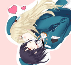Rule 34 | 10s, 2girls, atago (kancolle), black hair, blonde hair, breasts, food, gloves, green eyes, hat, heart, kantai collection, large breasts, long hair, multiple girls, personification, pocky, pocky kiss, shared food, simple background, sui (camellia), takao (kancolle), yuri