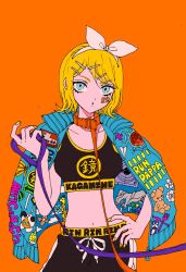 Rule 34 | 1girl, alternate costume, aqua eyes, bad id, bad twitter id, blonde hair, blue eyes, character name, cowboy shot, dddddestroy, hair ornament, hairclip, hand on own hip, highres, holding, holding leash, jacket, jacket on shoulders, kagamine rin, leash, looking at viewer, midriff, nail polish, navel, orange background, pinwheel, roki (vocaloid), short hair, simple background, solo, sports bra, vocaloid, yellow nails