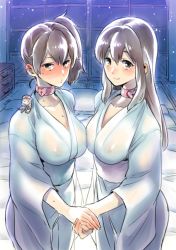 Rule 34 | 10s, 2girls, akagi (kancolle), blush, breasts, brown eyes, brown hair, choker, collarbone, covered erect nipples, drawer, fairy (kancolle), female focus, fusuma, heart, heart lock (kantai collection), holding hands, japanese clothes, kaga (kancolle), kantai collection, large breasts, long hair, mimonel, multiple girls, pillow, see-through, see-through silhouette, short hair, shy, side ponytail, sliding doors, smile, sweat, type 0 fighter model 52