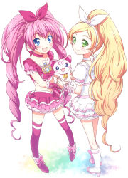 Rule 34 | 10s, 2girls, :d, blonde hair, blue eyes, blush, boots, bow, choker, cure melody, cure rhythm, dress, earrings, green eyes, hair bow, hairband, heart, highres, houjou hibiki, hummy (suite precure), jewelry, knee boots, long hair, magical girl, minamino kanade, multiple girls, open mouth, pink bow, pink hair, ponytail, precure, simple background, skirt, smile, standing, suite precure, thighhighs, twintails, usashiro mani, very long hair, white choker, wrist cuffs, zettai ryouiki