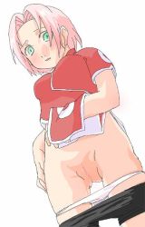 Rule 34 | 1girl, artist request, bike shorts, bike shorts pull, blush, breasts, clothes lift, cowboy shot, dress, dress lift, green eyes, haruno sakura, looking at viewer, naruto, naruto (series), panties, panty pull, pink hair, pussy, red dress, short hair, short sleeves, shorts, side slit, simple background, solo, spandex, uncensored, underwear, white background