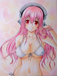 Rule 34 | 1girl, bikini, breasts, cleavage, covered erect nipples, headphones, highres, large breasts, long hair, looking at viewer, marker (medium), navel, nitroplus, pink hair, pochisuke0202, red eyes, smile, solo, super sonico, swimsuit, traditional media