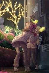 Rule 34 | absurdres, age difference, angel, angel wings, blonde hair, blush, boots, bow hairband, brown hair, bush, christmas, christmas lights, christmas ornaments, coat, fur trim, hairband, height difference, highres, kiss, long hair, long sleeves, onee-loli, original, outdoors, scarf, short hair, string of light bulbs, wings, winter clothes, winter coat, yuri