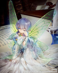 Rule 34 | 1girl, ancient fairy, artist name, bare shoulders, barefoot, blue eyes, book, butterfly wings, character name, dress, fairy, insect wings, jane mere, jewelry, light particles, long hair, lots of jewelry, mini person, minigirl, necklace, one eye closed, pointy ears, silver hair, sitting, solo, tenkuu no crystalia, very long hair, watermark, wings, wink