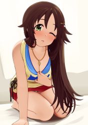 Rule 34 | 1girl, backlighting, bad id, bad twitter id, bare shoulders, blue tank top, blush, breasts, brown hair, cleavage, clothes pull, collarbone, green eyes, hair ornament, hairclip, himekawa yuki, idolmaster, idolmaster cinderella girls, jewelry, kneeling, large breasts, layered clothes, leaning forward, long hair, looking at viewer, miniskirt, necklace, omaru gyuunyuu, one eye closed, parted lips, pulling own clothes, red skirt, shirt pull, skirt, smile, solo, tank top, thighs, yellow tank top