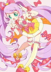 Rule 34 | 1girl, :d, ahoge, aqua eyes, bow, corn potako, double v, dress, eighth note, hair bow, hands up, heart, long hair, manaka laala, musical note, open mouth, pink bow, pink footwear, pink ribbon, pretty series, pripara, purple hair, ribbon, shoes, short dress, smile, solo, striped clothes, striped thighhighs, swept bangs, thighhighs, twintails, v, vertical-striped clothes, vertical-striped thighhighs, very long hair, wrist ribbon