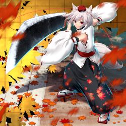 Rule 34 | 1girl, animal ears, aono meri, autumn leaves, bad id, bad pixiv id, bare shoulders, black pants, closed mouth, detached sleeves, falling leaves, fighting stance, foreshortening, from above, full body, geta, hat, highres, inubashiri momiji, leaf, leaf print, light smile, long sleeves, looking at viewer, looking up, pants, path, red eyes, red ribbon, ribbon, ribbon-trimmed clothes, ribbon-trimmed sleeves, ribbon trim, road, sleeveless, smile, socks, solo, stance, tabi, tail, tengu-geta, tokin hat, touhou, turtleneck, unsheathed, white socks, wide sleeves, wolf ears, wolf tail
