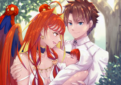 Rule 34 | 1boy, 1girl, 1other, absurdres, aphrodite (fate), baby, bare shoulders, blonde hair, blue eyes, breasts, brown hair, cleavage, collarbone, earrings, family, fate/grand order, fate (series), fujimaru ritsuka (male), hand on another&#039;s shoulder, heart, heart earrings, highres, if they mated, jewelry, long hair, mother and child, multicolored hair, red eyes, red hair, red wings, shirt, tree, two-tone hair, u0002525, white shirt, wings