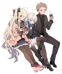 Rule 34 | 1girl, 2boys, ahoge, ankle boots, black bow, black dress, black jacket, blonde hair, blue eyes, blue scarf, blush, boots, bow, brown pants, brown thighhighs, coat, crossdressing, cup, disposable cup, doll joints, dress, edel (ikeuchi tanuma), food, garter straps, green eyes, grey vest, hair bow, hair over one eye, high heels, highres, holding, holding cup, holding food, ikeuchi tanuma, invisible chair, jacket, joints, long hair, long sleeves, mouth hold, multiple boys, one eye covered, original, pants, pantyhose, parted lips, pink coat, pink eyes, pink footwear, pleated dress, red eyes, scarf, side ponytail, simple background, sitting, sparkle, thighhighs, very long hair, vest, white background
