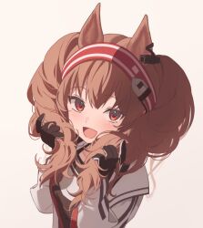 Rule 34 | 1girl, :d, angelina (arknights), animal ears, arknights, brown eyes, brown gloves, brown hair, bunching hair, coat, commentary request, fox ears, gloves, hairband, hand in own hair, hands in hair, hands up, holding, holding hair, long hair, long sleeves, looking at viewer, nazu sawa, open clothes, open coat, open mouth, red hairband, shirt, simple background, smile, solo, tongue, twintails, upper body, white background, zipper