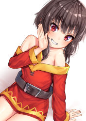 Rule 34 | 1girl, arm support, bare shoulders, belt, brown hair, commentary request, dress, flat chest, grin, hand up, heart, heart-shaped pupils, kono subarashii sekai ni shukufuku wo!, long sleeves, looking at viewer, loose belt, megumin, off-shoulder dress, off shoulder, pensuke, red dress, red eyes, shadow, short hair, sidelocks, simple background, sitting, smile, solo, symbol-shaped pupils, teeth, thighs, white background