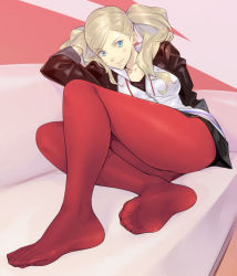 Rule 34 | 10s, 1girl, blonde hair, blue eyes, bubuzuke, earrings, feet, full body, hair ornament, hairclip, jewelry, no shoes, pantyhose, persona, persona 5, red pantyhose, soles, solo, takamaki anne, toes, twintails