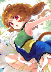 Rule 34 | 1girl, :3, :d, bare shoulders, biyon, blue dress, brown hair, circlet, commentary request, dress, feet out of frame, green dress, highres, knee up, long hair, looking at viewer, low twintails, monkey girl, monkey tail, multicolored clothes, multicolored dress, open mouth, outdoors, red eyes, ruyi jingu bang, sleeveless, sleeveless dress, smile, solo, son biten, tail, touhou, twintails, twitter username, yellow dress