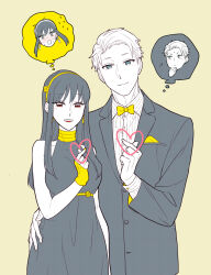 Rule 34 | 1boy, 1girl, bare shoulders, black hair, blush, breasts, dress, earrings, finger heart, formal, gold earrings, gold hairband, hair ornament, hairband, highres, husband and wife, jewelry, large breasts, long hair, long sleeves, medium breasts, monochrome, open mouth, shirt, simple background, smile, spy x family, sunbo zatta, twilight (spy x family), yor briar