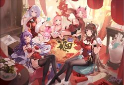 Rule 34 | 5girls, :d, ;), ahoge, animal ears, bare shoulders, black pantyhose, black thighhighs, blue eyes, bow, bow hairband, breasts, china dress, chinese clothes, chinese new year, chinese paper-cut, cleavage, commission, cushion, dao fu, demon horns, dress, eoe, feather boa, feet up, flower, full body, garter straps, green eyes, hair flower, hair ornament, hairband, horns, indoors, knees up, lantern, large breasts, long hair, long sleeves, looking at viewer, low twintails, luzao (eoe), lying, miao tang yu panduola he, minuo (eoe), multiple girls, no shoes, off shoulder, on back, on side, on stomach, one eye closed, one side up, open mouth, pantyhose, paper lantern, pelvic curtain, pink eyes, pink hair, plant, potted plant, purple hair, raccoon ears, red bow, red dress, red flower, red hairband, scroll, second-party source, shirt, short hair, sitting, sleeveless, sleeveless shirt, smile, the pose, thighhighs, twintails, very long hair, wan&#039;er (eoe), white flower, white hair, white thighhighs, you&#039;en (eoe), yumo (eoe)