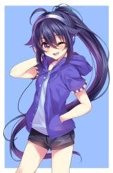 Rule 34 | 1girl, ;d, ahoge, black hair, black shorts, blue background, blue shirt, blue theme, blush, brown eyes, hand in pocket, headphones, highres, hood, hooded jacket, jacket, long hair, one eye closed, open clothes, open jacket, open mouth, original, ponytail, senri gan, shirt, short shorts, short sleeves, shorts, smile, solo, very long hair