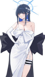 Rule 34 | 1girl, absurdres, black hair, blue archive, blue eyes, blue hair, blue halo, blush, breasts, choker, cleavage, closed mouth, collarbone, colored inner hair, dress, earrings, elbow gloves, feet out of frame, gloves, hair ornament, halo, highres, jewelry, large breasts, long hair, multicolored hair, official alternate costume, saori (blue archive), saori (dress) (blue archive), simple background, solo, strapless, strapless dress, white background, white choker, white dress, white gloves, yuanqi (chriu)