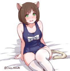 Rule 34 | 1girl, animal ears, blue one-piece swimsuit, breasts, brown hair, cat ears, cat tail, collarbone, commentary, disco brando, fang, green eyes, highres, idolmaster, idolmaster cinderella girls, looking at viewer, maekawa miku, medium breasts, one-piece swimsuit, open mouth, school swimsuit, short hair, sitting, solo, swimsuit, tail, thighhighs, twitter username, white thighhighs