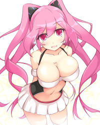 Rule 34 | 1girl, arms behind back, blush, breasts, cleavage, kuro (be ok), large breasts, leaning forward, long hair, looking at viewer, miniskirt, navel, open mouth, pink eyes, pink hair, pleated skirt, rasis, sidelocks, skirt, smile, solo, sound voltex, sound voltex ii infinite infection, sound voltex iii gravity wars, standing, thighhighs, white thighhighs