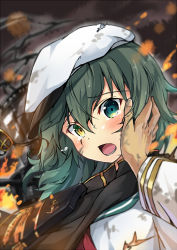 Rule 34 | 10s, 1girl, blush, eyepatch, unworn eyepatch, gradient background, green eyes, green hair, hat, heterochromia, kakao rantan, kantai collection, kiso (kancolle), looking at viewer, matching hair/eyes, open mouth, pov, pov hands, remodel (kantai collection), school uniform, serafuku, short hair, solo focus, tears, torn clothes, yellow eyes