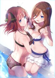 Rule 34 | 2girls, absurdres, bikini, bikini skirt, black ribbon, blue eyes, blunt bangs, breasts, brown hair, butterfly hair ornament, cleavage, closed mouth, collarbone, commentary request, go-toubun no hanayome, hair between eyes, hair ornament, hair ribbon, hands on own hips, hands up, highres, holding strap, large breasts, long hair, long hair between eyes, looking at viewer, multiple girls, nakano miku, nakano nino, navel, open mouth, pink bikini, pink hair, pool, ribbon, siblings, sisters, smile, striped bikini, striped clothes, swimsuit, twins, umezu 8989, wading, water, white bikini