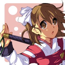 Rule 34 | 1girl, :o, ahoge, brown eyes, brown hair, cosplay, enoo, hair ornament, hair ribbon, jaggy lines, looking at viewer, lowres, oekaki, open mouth, ribbon, short hair, solo, upper body, wild arms, wild arms 4, wild arms xf, yulie ahtreide