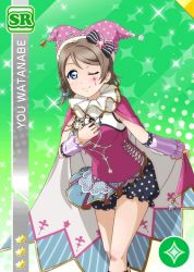Rule 34 | 10s, bare legs, blue eyes, blush, bowing, braid, cape, character name, circus, clown, detached sleeves, dress, facial mark, grey hair, hair bow, looking at viewer, love live! school idol festival, love live! sunshine!!, official art, short hair, shorts, smile, watanabe you, wink