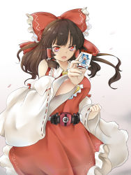 Rule 34 | 1girl, :o, belt, bow, brown hair, card, cirno, crossover, detached sleeves, dress, hair bow, hakurei reimu, highres, holding, holding card, japanese clothes, kamen rider, kamen rider dcd, kamen rider zi-o (series), long hair, looking at viewer, miko, open mouth, poke200, red bow, red dress, red eyes, solo, touhou, unconnected marketeers, white sleeves
