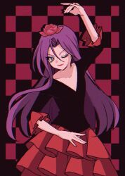 1boy creatures_(company) crossdressing flamenco flamenco_dress flower game_freak green_eyes hair_ornament highres james_(pokemon) lipstick macchiromomomo makeup nintendo one_eye_closed pokemon pokemon_(anime) pokemon_(classic_anime) purple_hair team_rocket trap