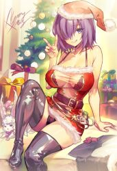 Rule 34 | 1girl, :q, black bra, black footwear, black panties, boots, bra, breasts, christmas, christmas tree, dress, dynamitenatalia, fate/grand order, fate (series), fou (fate), fur-trimmed dress, fur-trimmed headwear, fur trim, hair over one eye, hand up, hat, indoors, large breasts, looking at viewer, mash kyrielight, merry christmas, panties, pom pom (clothes), purple eyes, purple hair, red dress, red headwear, revision, santa dress, santa hat, short dress, short hair, sitting, smile, solo, thigh boots, thighs, tongue, tongue out, underwear, v