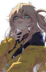 Rule 34 | 1girl, antenna hair, backlighting, black shirt, blonde hair, blue eyes, blush, cardigan, commentary request, fang, finger to own chin, highres, kasukabe tsumugi, long hair, looking at viewer, looking down, mole, mole under eye, necktie, one side up, pocche-ex, shirt, simple background, skin fang, smile, solo, tongue, tongue out, upper body, voicevox, white background, yellow cardigan, yellow nails, yellow necktie