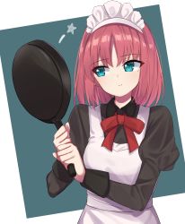 Rule 34 | 1girl, apron, black dress, blue eyes, bow, bowtie, closed mouth, commentary request, dress, expressionless, frying pan, highres, hisui (tsukihime), holding, holding frying pan, juliet sleeves, long sleeves, looking to the side, maid, maid apron, maid headdress, melty blood, pocchari, puffy sleeves, red bow, red hair, short hair, solo, star (symbol), tsukihime, upper body, white apron