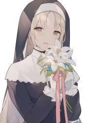 Rule 34 | 1girl, black dress, blonde hair, brown eyes, capelet, dress, eyelashes, flower, frilled gloves, frills, gloves, habit, hands up, holding, holding flower, light brown hair, lily (flower), long hair, long sleeves, looking at viewer, nijisanji, nun, parted bangs, parted lips, red ribbon, ribbon, sidelocks, simple background, sister claire, sister claire (1st costume), solo, straight hair, traditional nun, upper body, virtual youtuber, white background, white capelet, white flower, white gloves, white ribbon, yuuhi homare