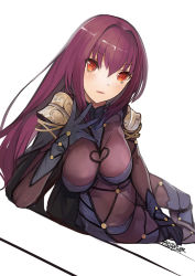 Rule 34 | 1girl, 2017, bodysuit, breasts, brown hair, dated, fate/grand order, fate (series), highres, long hair, lying, on side, parted lips, pupps, red eyes, scathach (fate), scathach (fate), signature, simple background, solo, white background