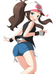 Rule 34 | 1girl, aikawa ryou, ass, bare arms, bare shoulders, baseball cap, black jacket, blue eyes, brown hair, commentary request, creatures (company), from behind, game freak, hat, heart, highres, hilda (pokemon), jacket, long hair, looking at viewer, nintendo, poke ball, poke ball (basic), pokemon, pokemon bw, ponytail, shirt, short shorts, shorts, simple background, white background, white shirt