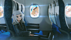 Rule 34 | 2girls, advarcher, against glass, aircraft, airplane, airplane interior, akai haato, blonde hair, blue coat, blue jacket, blunt bangs, coat, eyepatch, gawr gura, highres, hololive, hololive english, jacket, multiple girls, shoes, sitting, smile, sneakers, virtual youtuber, white hair, window