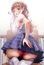 Rule 34 | 1girl, armpits, blonde hair, blush, braid, breasts, chair, earrings, highres, jewelry, large breasts, long hair, looking at viewer, looking back, mole, mole on ass, mugika, open mouth, original, panties, pantyshot, pleated skirt, purple eyes, seiza, shirt, sitting, skirt, socks, solo, underwear, white background