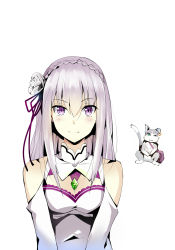 Rule 34 | 10s, 1girl, breasts, choker, cleavage, csai, detached sleeves, emilia (re:zero), flower, hair between eyes, hair flower, hair ornament, hair ribbon, highres, long hair, looking at viewer, puck (re:zero), purple eyes, purple ribbon, re:zero kara hajimeru isekai seikatsu, ribbon, shadow, silver hair, simple background, small breasts, solo, upper body, white background, white flower
