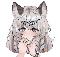 Rule 34 | 1girl, animal ear fluff, animal ears, arknights, braid, commentary, cropped shoulders, english commentary, expressionless, expulse, grey eyes, grey scarf, hair between eyes, hands up, head chain, jewelry, leopard ears, leopard girl, long hair, portrait, pramanix (arknights), scarf, simple background, solo, twin braids, watch, white background, wristwatch