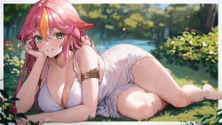 Rule 34 | 1girl, absurdres, barefoot, blurry, blurry background, breasts, cleavage, collarbone, commission, feet, gradient hair, green eyes, highres, indie virtual youtuber, large breasts, legs, looking at viewer, lying, mallie sprout, mole, mole under eye, multicolored hair, nature, no shoes, on side, orange hair, outside border, pink hair, skeb commission, smile, solo, sooon, streaked hair, thighs, virtual youtuber