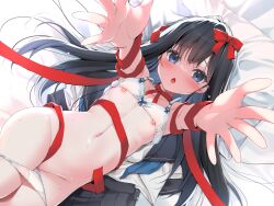 Rule 34 | 1girl, black hair, blue eyes, blush, bow, bow choker, bra, bra lift, breasts, clothes pull, commentary request, hair ornament, hair ribbon, long hair, looking at viewer, lying, navel, on back, original, outstretched arm, panties, panty pull, red bow, red ribbon, ribbon, small breasts, solo, stomach, underwear, unworn clothes, white bra, white panties, yanagi yuu