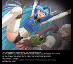 Rule 34 | 1990s (style), 1boy, 1girl, bdsm, blue eyes, blue hair, bondage, bound, breasts, cyclone (reizei), elbow gloves, forced, gloves, leotard, long hair, magic knight rayearth, open mouth, retro artstyle, ryuuzaki umi, scared, spread legs, tentacles, text focus, thighhighs, translated, you gonna get raped